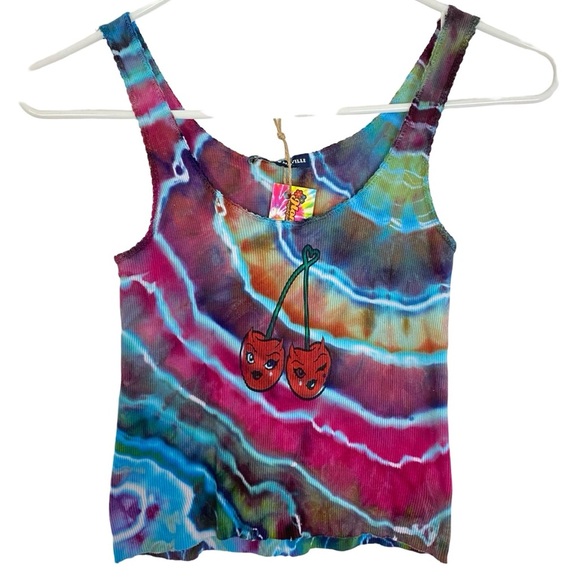 Handmade Ribbed Tank Top Crop Women’s XS Small Geode Tie Dye Blue Pink Colorful - Picture 1 of 9